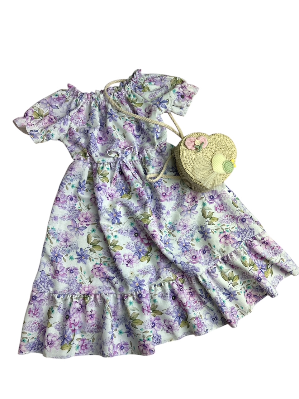 letne saty + kabelka slamena Letní šaty s kabelkou purple flower #new25 - Obrázek 1