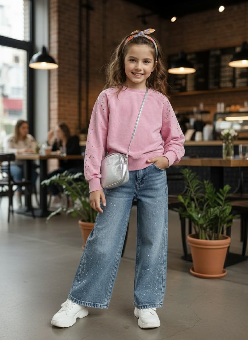 Teplákový bavlnený komplet s rifľami GLASSES - pudrový Teplákový bavlnený komplet s rifľami GLASSES - pudrový