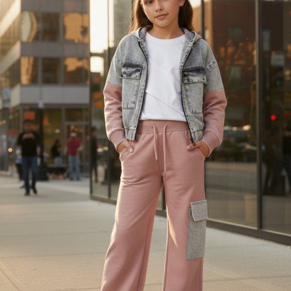 Rifľovo-teplákový 3-komplet SURPRISE - modro-pudrovy